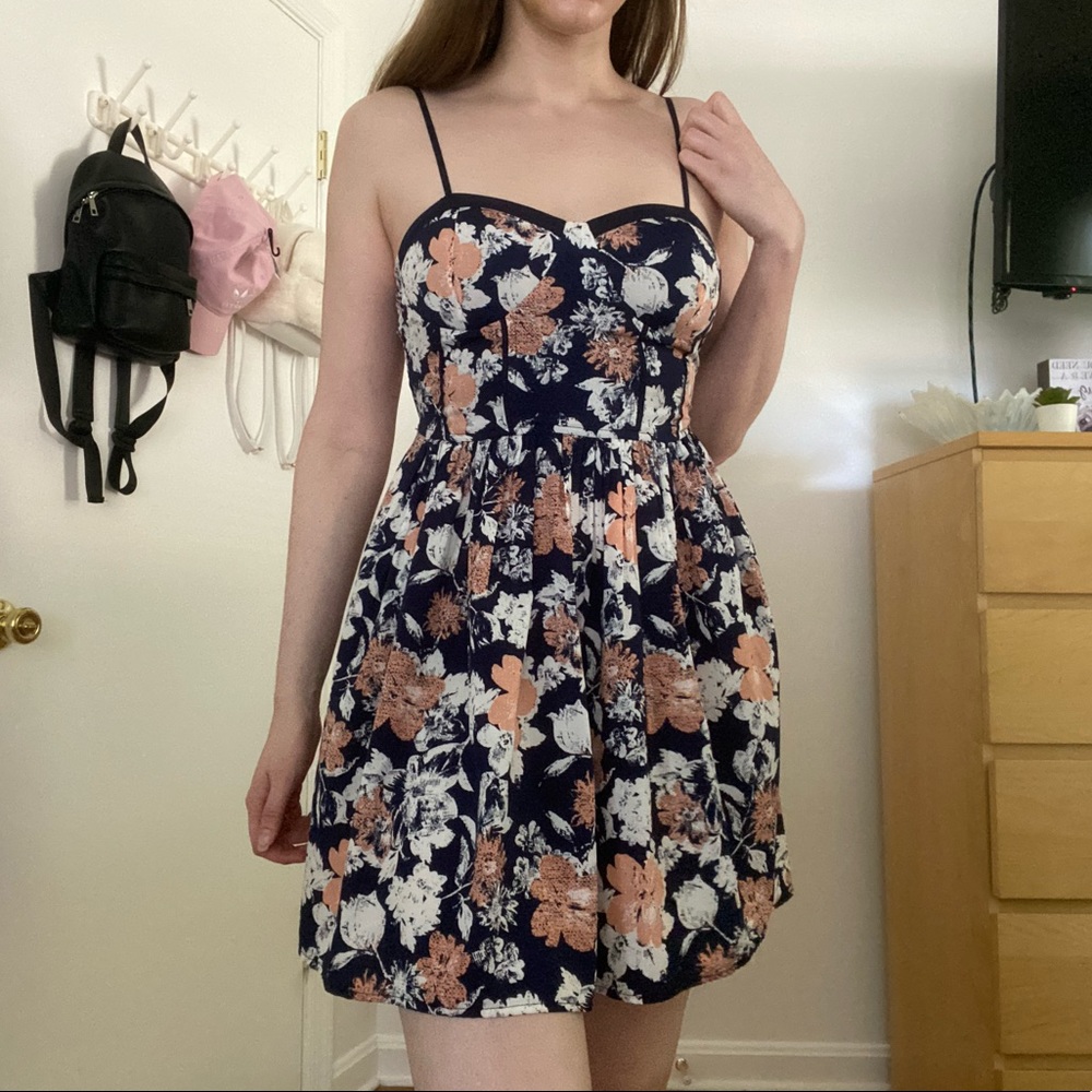 Navy, White, & Orange Floral Skater Dress